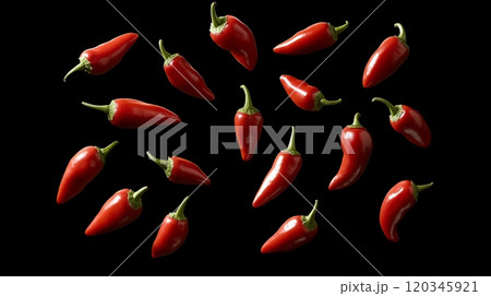 red small hot peppers float on a dark background 120345921