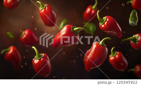 red small hot peppers float on a dark background 120345922