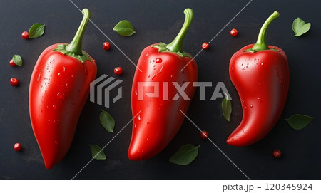 three red small hot peppers on a dark background 120345924