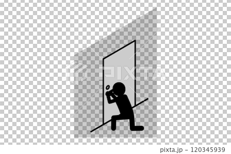 暗闇で玄関のカギをピッキングする不審者、防犯とホームセキュリティの白黒アイソメアイコン 120345939