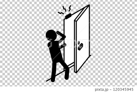 Suspicious person startled by front door alarm, crime prevention and home security black and white isometric icon 120345945