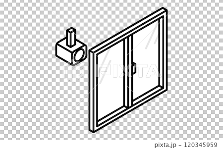 Window with surveillance camera, crime prevention and home security black and white isometric icon 120345959