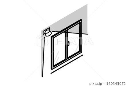 センサーライトのついた掃き出し窓、防犯とホームセキュリティの白黒アイソメアイコン 120345972