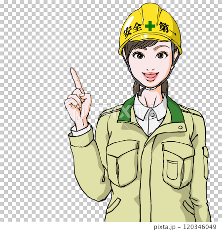 Safety first Young woman in work clothes wearing a helmet _ pointing pose Safety first Young woman in work clothes wearing a helmet _ pointing pose 120346049