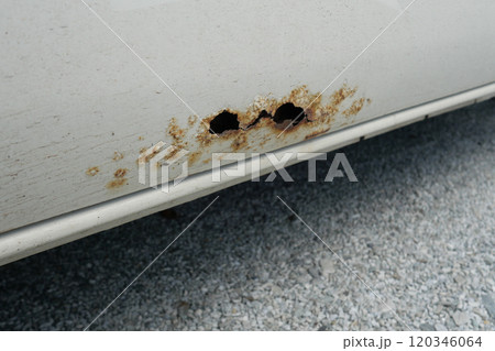 Vehicle Corrosion Assessment: The image highlights severe rust damage on a vehicle, indicating the need for inspection and possible repairs to prevent further deterioration. 120346064