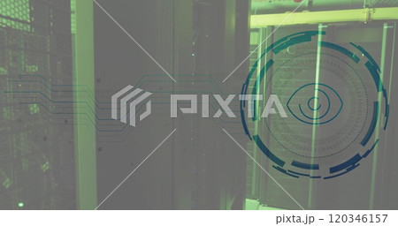 Image of eye icon and digital data processing over computer servers 120346157