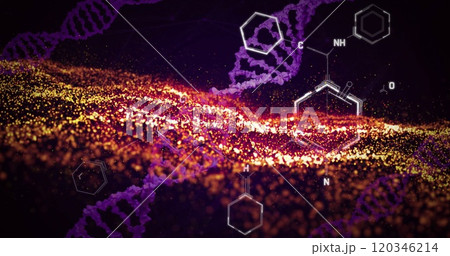 DNA strands and chemical structures image over glowing particles 120346214