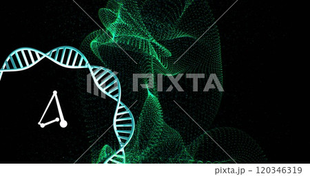 DNA strand and abstract green digital waves, scientific data processing image DNA strand and abstract green digital waves, scientific data processing image 120346319