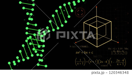 DNA strand and mathematical formulas over geometric shapes and equations DNA strand and mathematical formulas over geometric shapes and equations 120346348