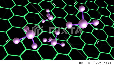 Molecular structures image over glowing green hexagonal grid 120346354