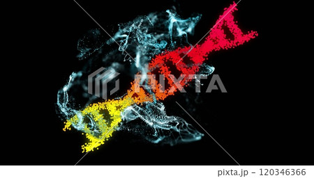 Colorful DNA strand image with particles and smoke effects on black background 120346366