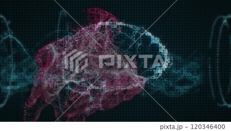 Image of digital brain spinning over shapes moving 120346400