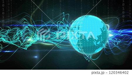 Digital globe with data waves and binary code, representing global network connections Digital globe with data waves and binary code, representing global network connections 120346402