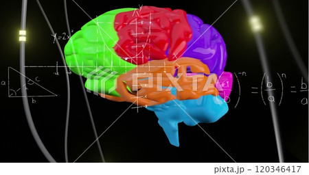 Image of digital brain spinning over mathematical equations Image of digital brain spinning over mathematical equations 120346417