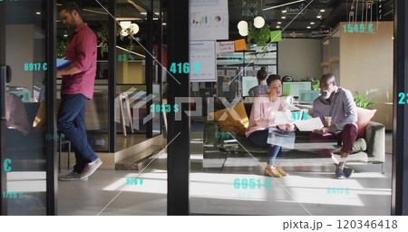Image of financial data processing over diverse business people in office Image of financial data processing over diverse business people in office 120346418