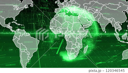 Image of digital data processing and globe over world map on green background 120346545
