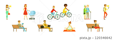 People Walking and Strolling Along Park Relaxing at Weekend Vector Set 120346642