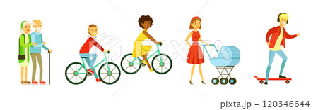 People Walking and Strolling Along Park Relaxing at Weekend Vector Set 120346644