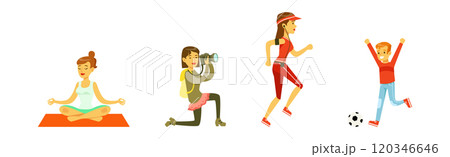 People Walking and Strolling Along Park Relaxing at Weekend Vector Set 120346646