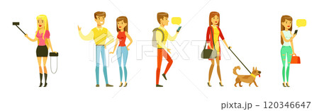 People Walking and Strolling Along Park Relaxing at Weekend Vector Set 120346647