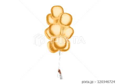 Hand holding blank gold round balloon bouquet mockup, isolated 120346724