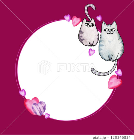 Watercolor circle frame of valentine day theme with cute cats, heart, hand draw wreath with striped funny cats, illustration on purple background, white frame for birthday, Valentine party decoration 120346834