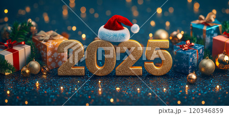 Happy new year 2025. Christmas and new year greeting card or banner with golden number 2025, santa hat and christmas decoration Happy new year 2025. Christmas and new year greeting card or banner with golden number 2025, santa hat and christmas decoration 120346859