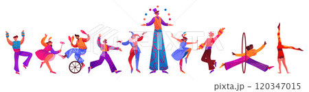 Carnival party. Circus clown, Purim party or parade poster with music and dancers, samba musicians, gymnasts and juggler. Funny characters in costumes. Vector cartoon flat isolated set Carnival party. Circus clown, Purim party or parade poster with music and dancers, samba musicians, gymnasts and juggler. Funny characters in costumes. Vector cartoon flat isolated set 120347015