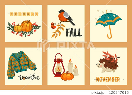 Cute autumn cards. Hello fall season holiday. Pumpkin October harvest. Rain umbrella. November warm knitted sweater. Autumnal leaves. Hedgehog and bullfinch. Vector seasonal banners set 120347016