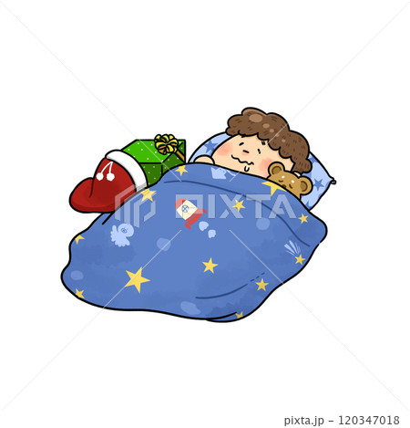 クリスマスプレゼントを楽しみに眠る子供【男の子】 120347018