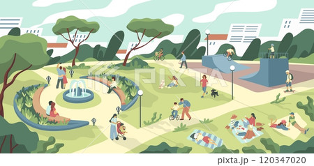 People in park. City walk. Picnic with friends in summer landscape. Person on bicycle. Man playing with dog. Woman stroll. Street outdoor. Kid on skateboard. Vector cartoon cityscape People in park. City walk. Picnic with friends in summer landscape. Person on bicycle. Man playing with dog. Woman stroll. Street outdoor. Kid on skateboard. Vector cartoon cityscape 120347020