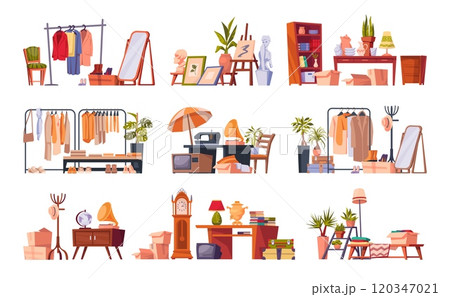 Flea market sale. Garage fair. Second Hand clothes or retro furniture. Vintage stuff. Rack with books and interior accessories. Used clothing store. Vector discount shopping elements set Flea market sale. Garage fair. Second Hand clothes or retro furniture. Vintage stuff. Rack with books and interior accessories. Used clothing store. Vector discount shopping elements set 120347021