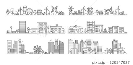 Line city. Cityscape art panorama, town or village street, small rural farm. Linear urban factory, outline environment car or park. Skyscraper and windmill, contour digital vector background Line city. Cityscape art panorama, town or village street, small rural farm. Linear urban factory, outline environment car or park. Skyscraper and windmill, contour digital vector background 120347027