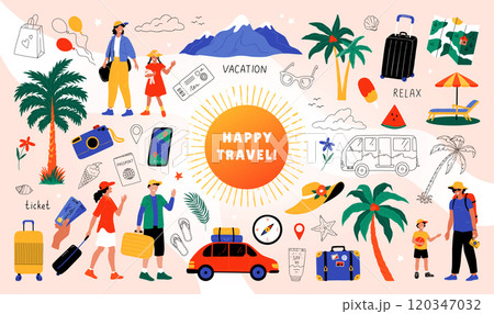 Summer trip. Train or car travel. Happy people vacation. Family tourism. Bus traffic. Woman on nature. Man on beach. Resort hotel. Couple tour. Journey baggage. Vector banner design 120347032