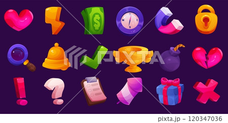 Game elements. Mobile casino UI. GUI kit. Gold coins chest. Crown or medal. Trophy goblet. Lock key. Love heart. Question or exclamation marks. Money prize interface pack. Vector design set 120347036