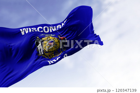 Wisconsin state flag waving in the wind 120347139