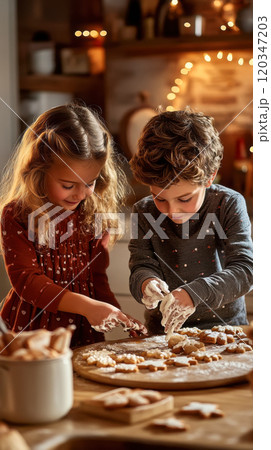 Festive holiday baking with children decorating cookies in a cozy kitchen 120347203