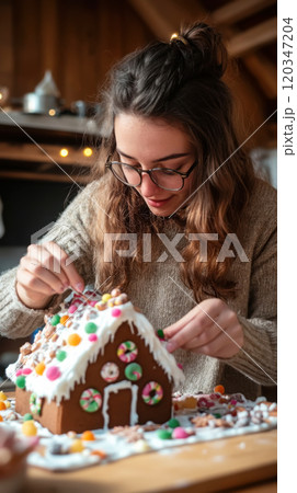 Young woman decorating festive gingerbread house for holiday celebration 120347204
