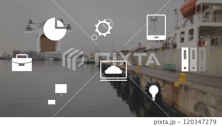 Image of eco icons and data processing over drone with box and sea port 120347279