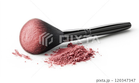 Professional studio shot of angled makeup brush with pink blush powder for cosmetic design 120347347