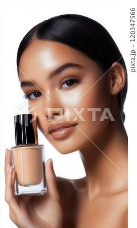 Studio portrait of model showcasing unbranded foundation for beauty and skincare promotion 120347566