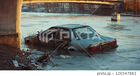 The car bumper under the water, only trunk is seen . car sinking in the river near the bridge 120347661