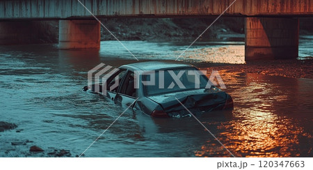The car bumper under the water, only trunk is seen . car sinking in the river near the bridge 120347663