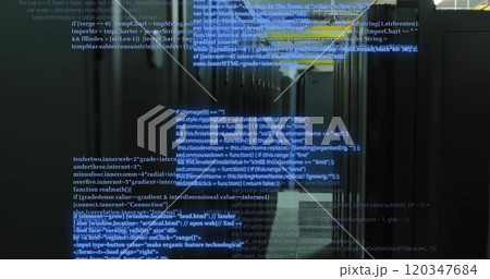 Image of digital data processing and circuit board over computer servers 120347684