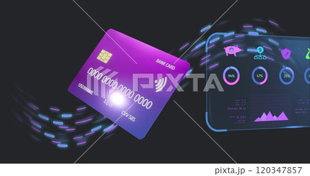 Image of screen with data and credit card over black background 120347857