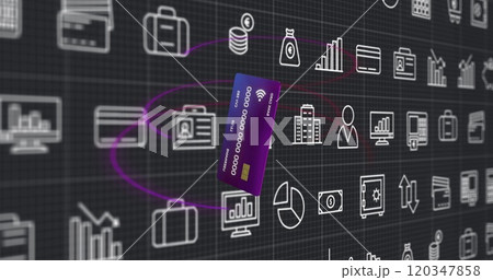 Image of currency icons and credit card over black background Image of currency icons and credit card over black background 120347858