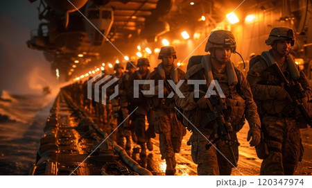 A military landing party before landing on an aircraft carrier in the ocean. Soldiers on the deck of a military aircraft carrier at sea 120347974