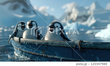 Three happy penguins on a boat sailing across Antarctica Three happy penguins on a boat sailing across Antarctica 120347980