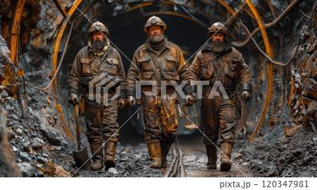 A group of three miners are walking through a tunnel in the mine. Dirty miners in uniform in the mine 120347981
