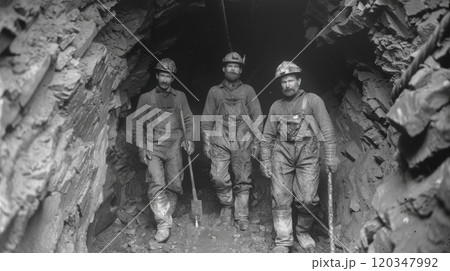 A group of Miners in the mine. Dirty miners in uniform in the mine 120347992